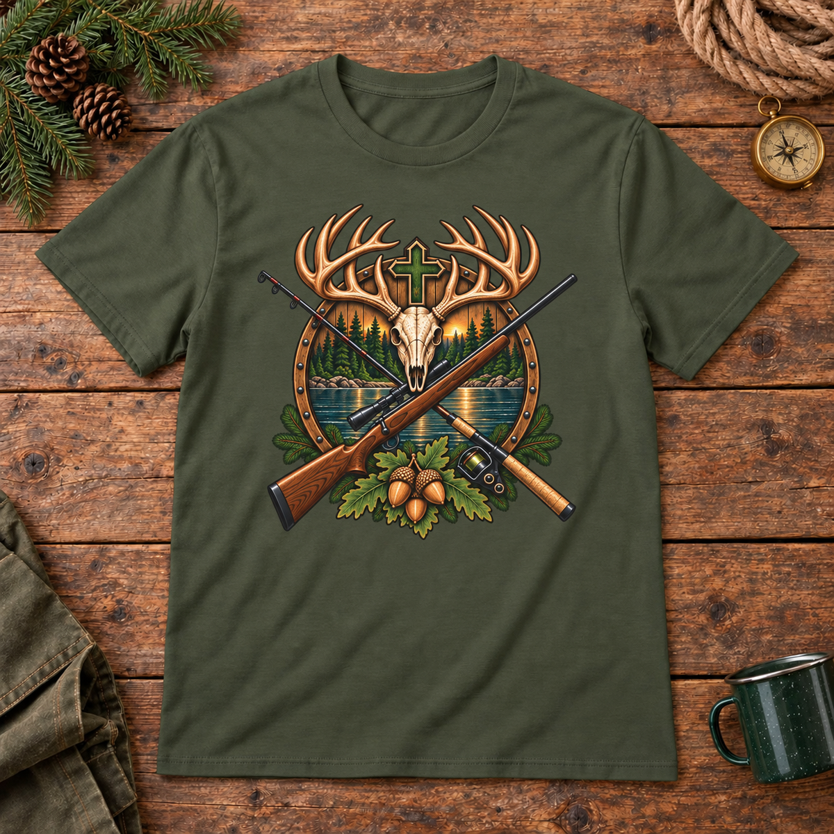 Deer skull cross hunting and fishing shirt — wood olive mockup