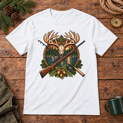 Deer skull cross hunting and fishing shirt — wood white mockup