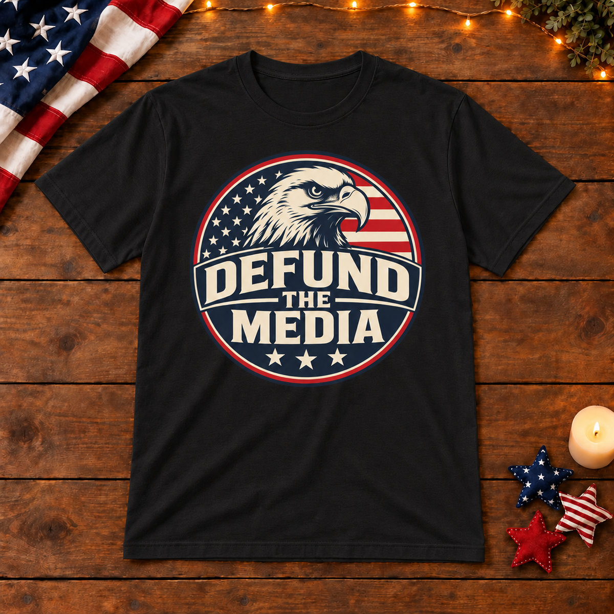 Defund the Media eagle shirt in Black on patriotic wooden background