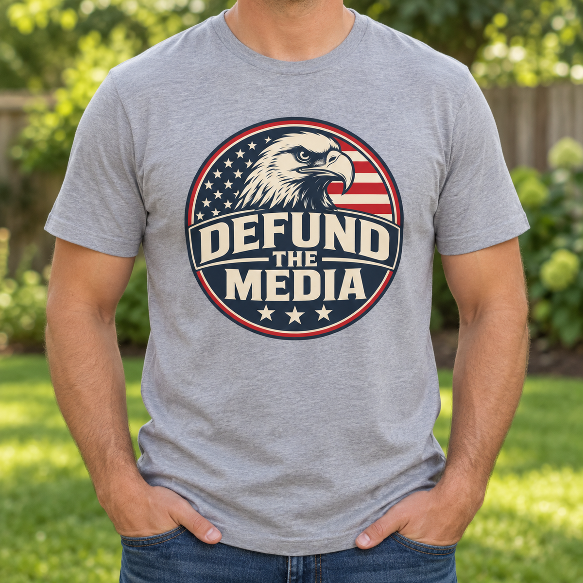Defund the Media eagle unisex shirt chest close-up