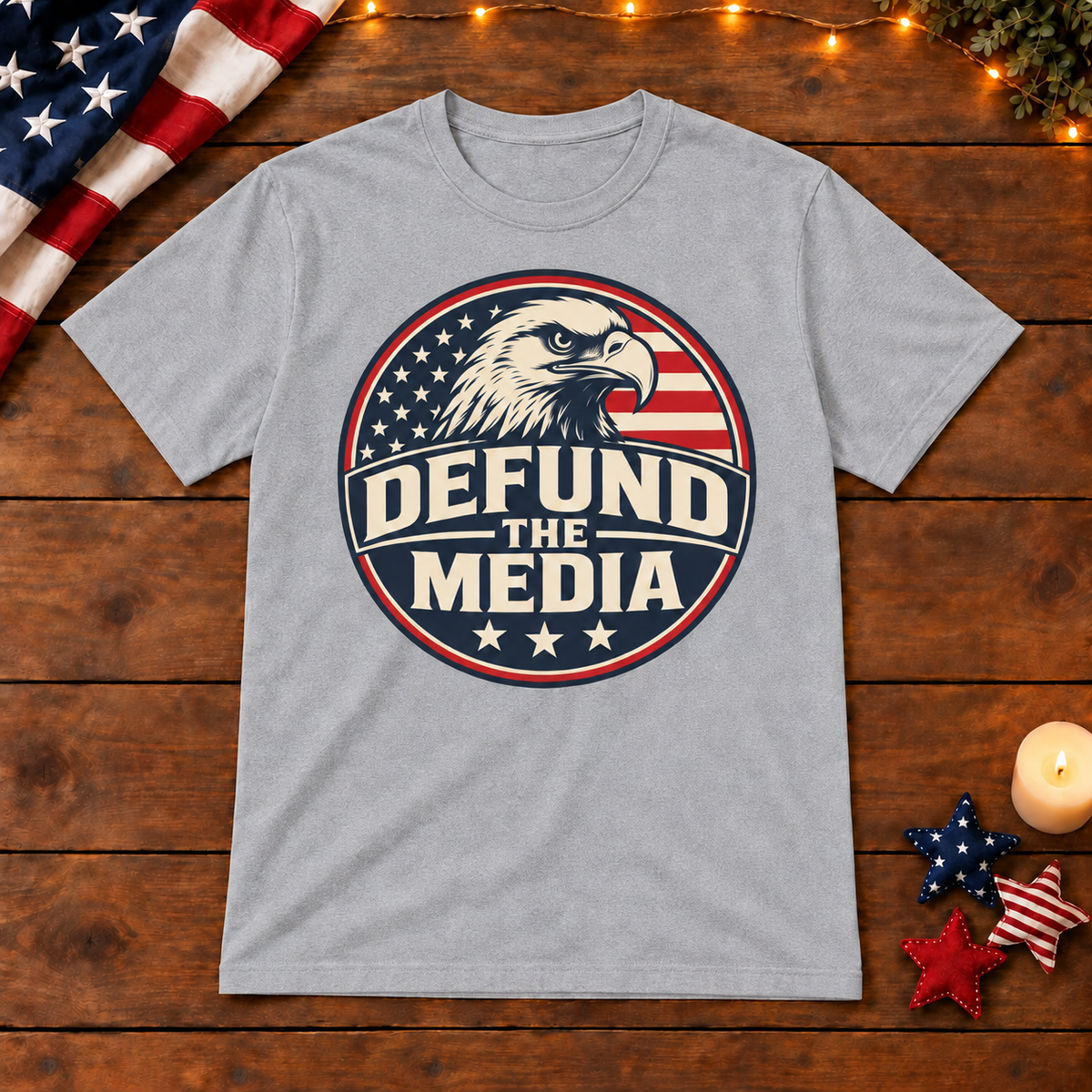 Defund the Media eagle shirt in Gray on patriotic wooden background