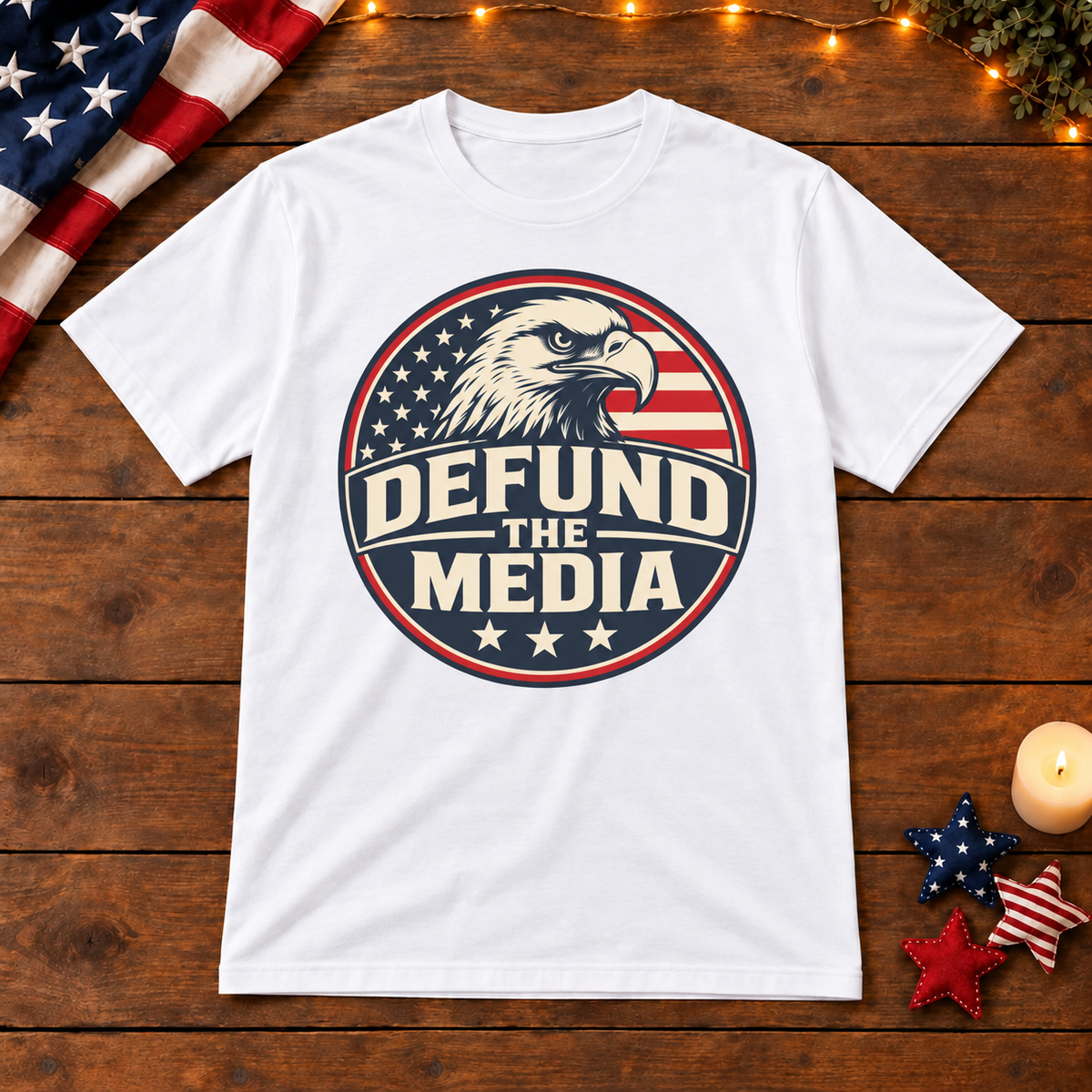 Defund the Media eagle shirt in White on patriotic wooden background