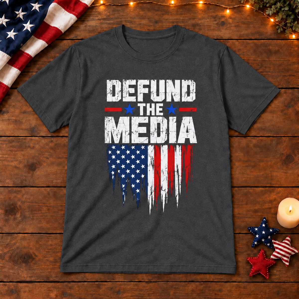 Defund the Media flag shirt in Dark Gray on patriotic wooden background