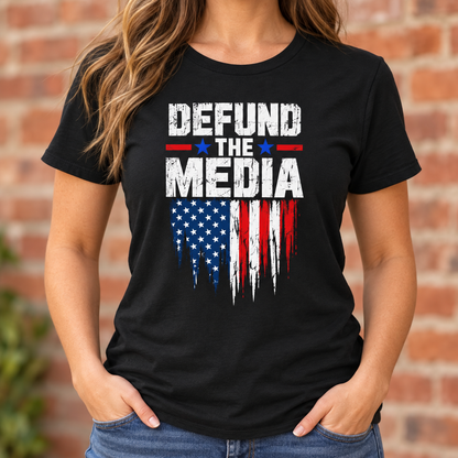 Defund the Media American flag unisex shirt chest close-up