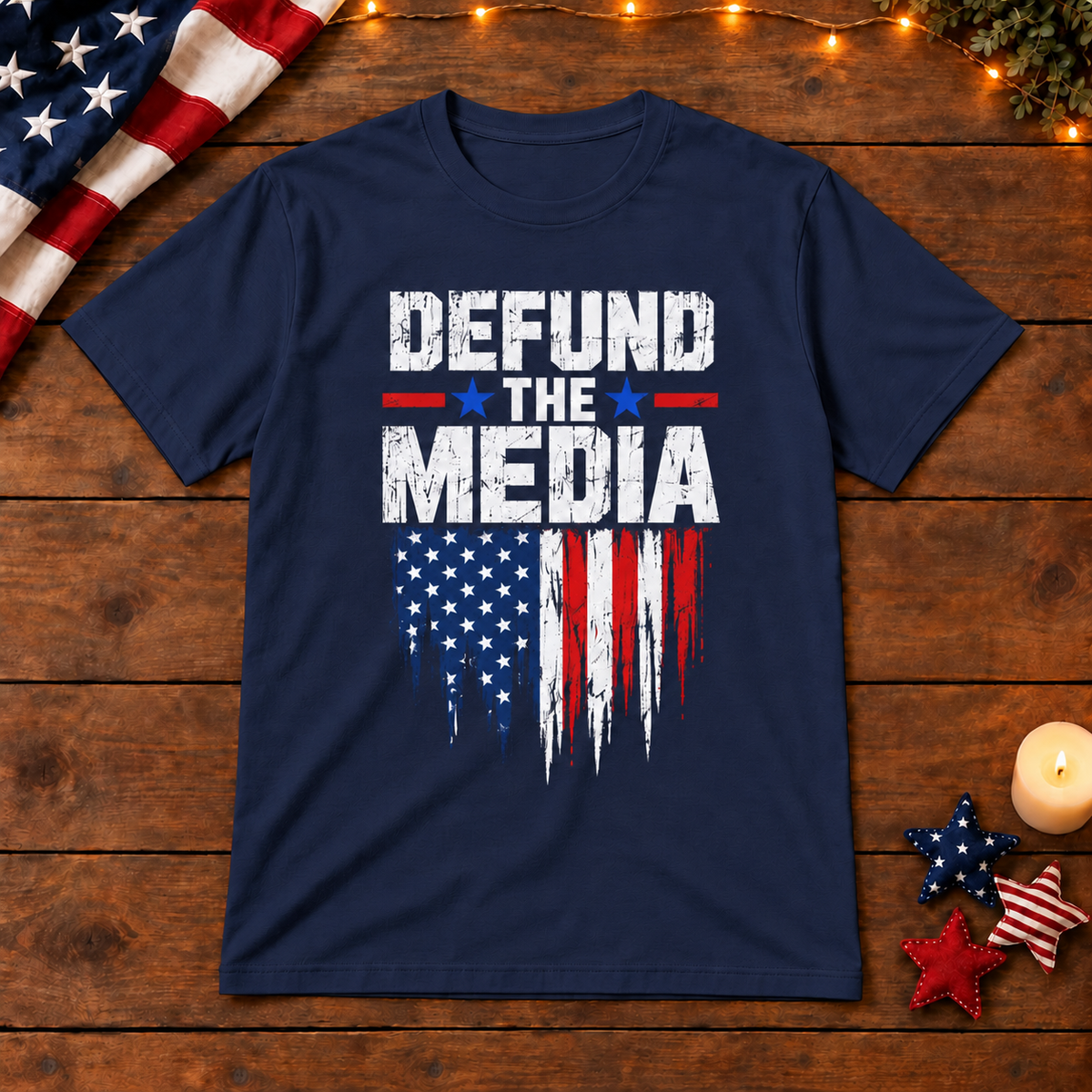 Defund the Media flag shirt in Navy Blue on patriotic wooden background