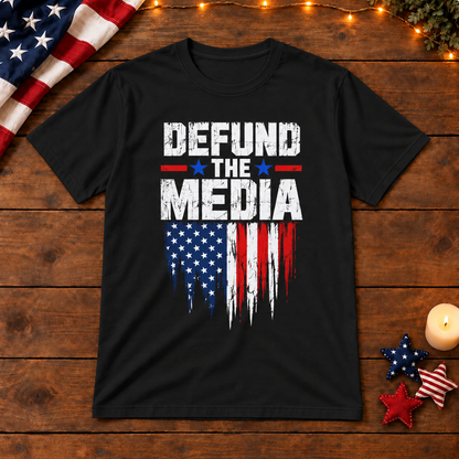 Defund the Media flag shirt in Black on patriotic wooden background