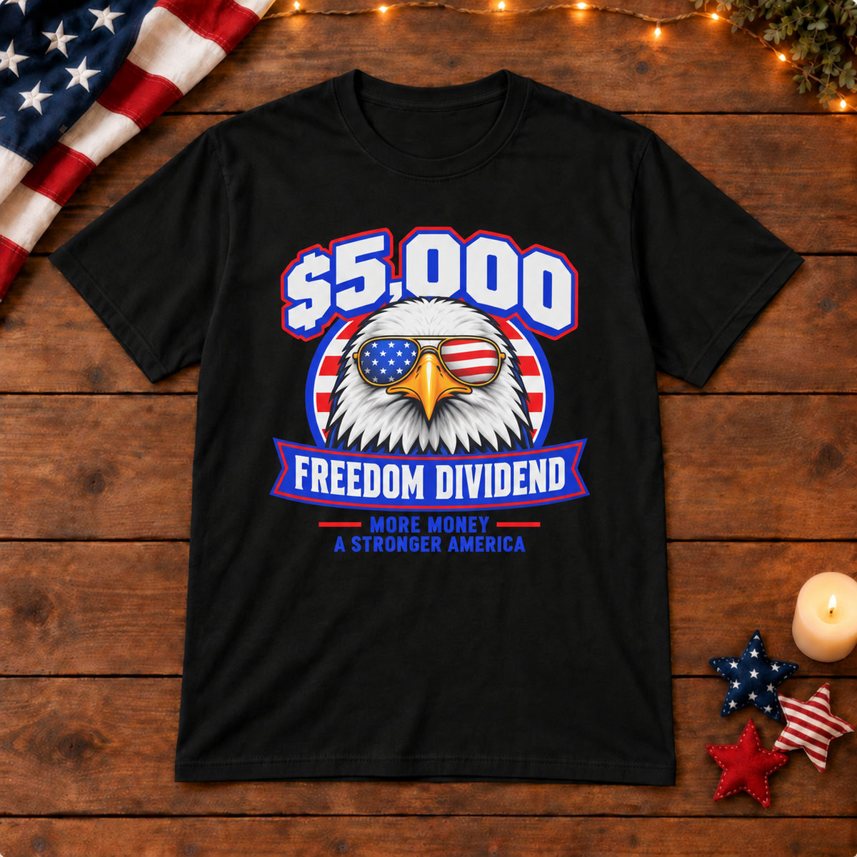 Freedom Dividend eagle shirt in Black, patriotic wooden background