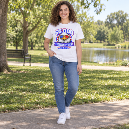 Freedom Dividend eagle shirt in White, full-body lifestyle mockup