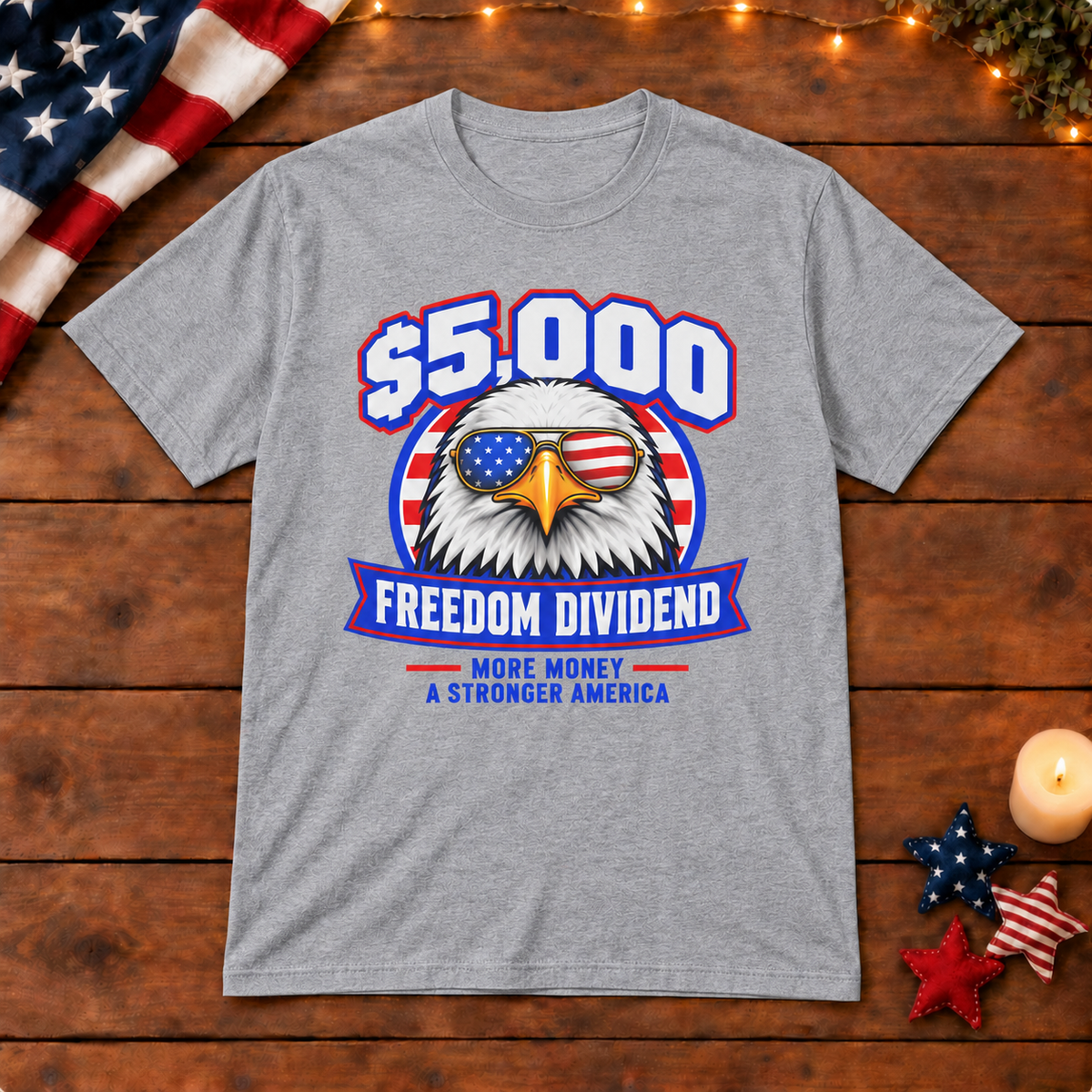 Freedom Dividend eagle shirt in Gray, patriotic wooden background