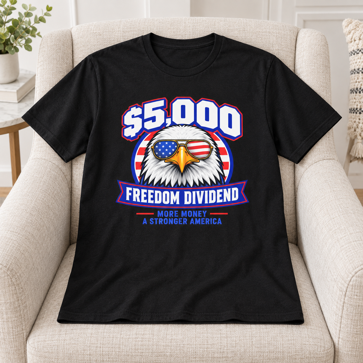 Freedom Dividend eagle shirt in Black, shirt-only product mockup