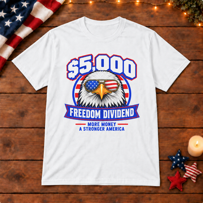 Freedom Dividend eagle shirt in White, patriotic wooden background