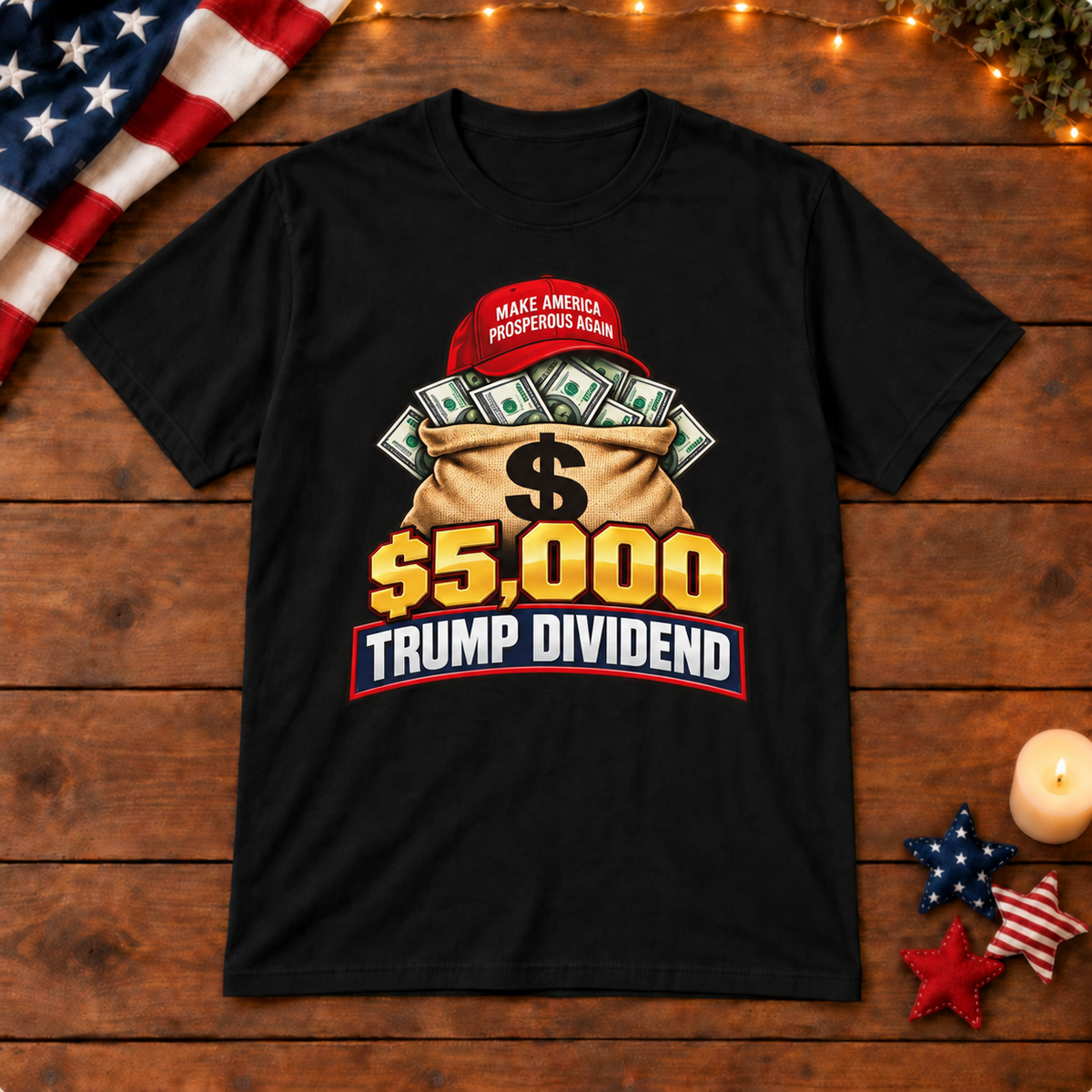 Trump Dividend money bag shirt in Black, patriotic wooden background