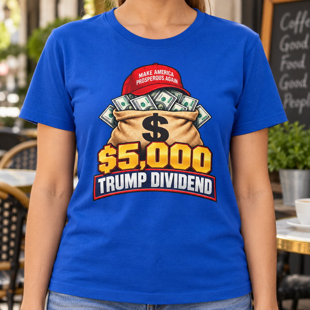 Trump Dividend money bag shirt in Royal Blue, chest close-up