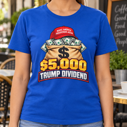 Trump Dividend money bag shirt in Royal Blue, chest close-up