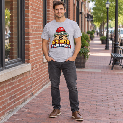 Trump Dividend money bag shirt in Gray, full-body lifestyle mockup