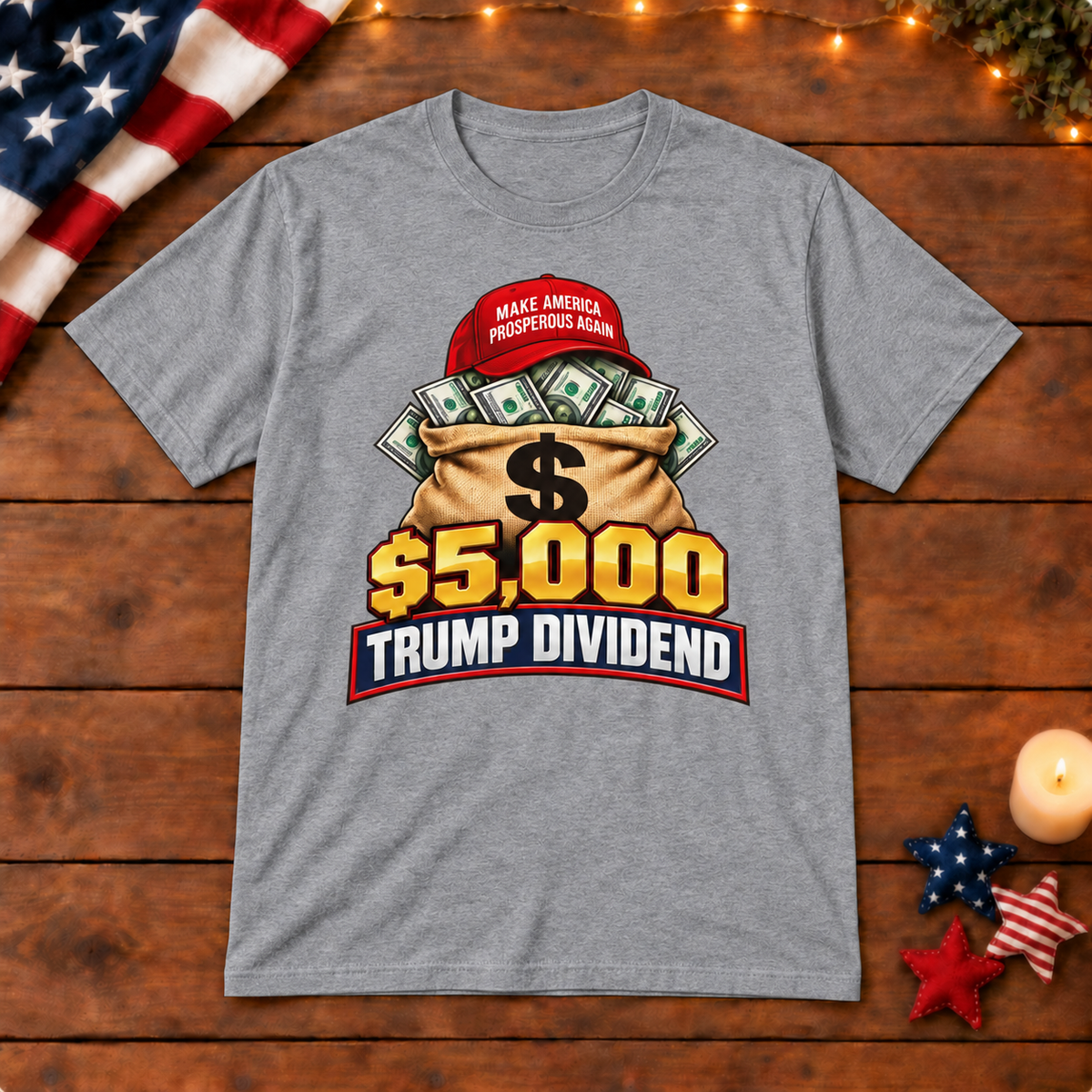 Trump Dividend money bag shirt in Gray, patriotic wooden background