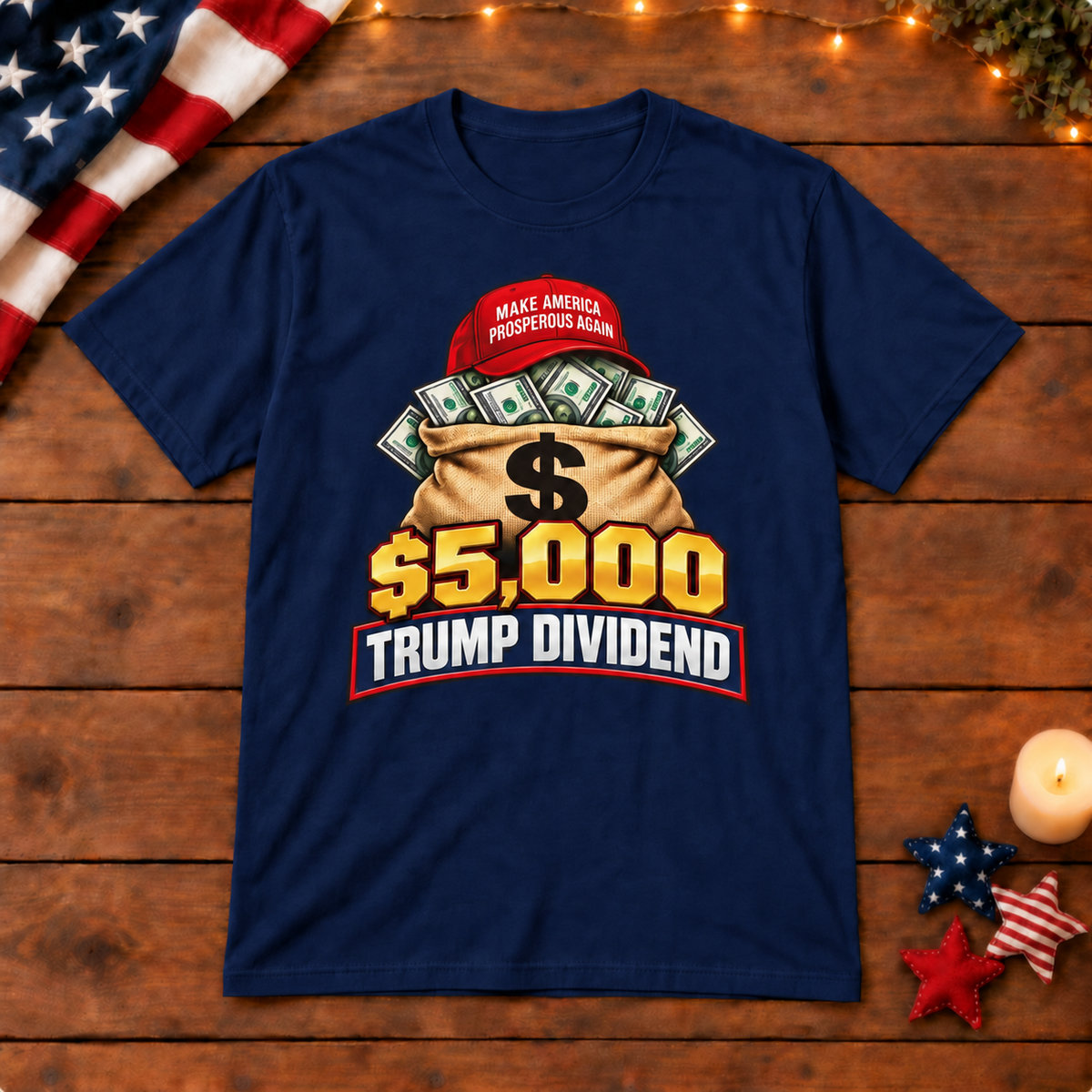 Trump Dividend money bag shirt in Navy Blue, patriotic wooden background