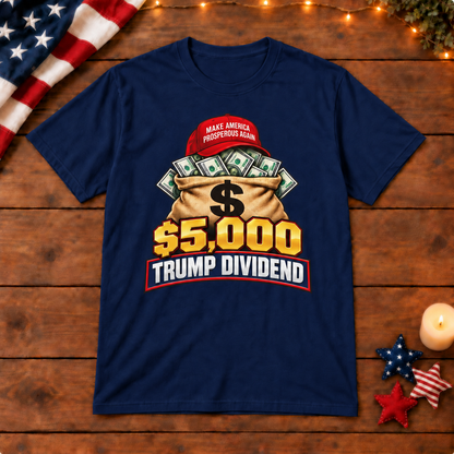 Trump Dividend money bag shirt in Navy Blue, patriotic wooden background