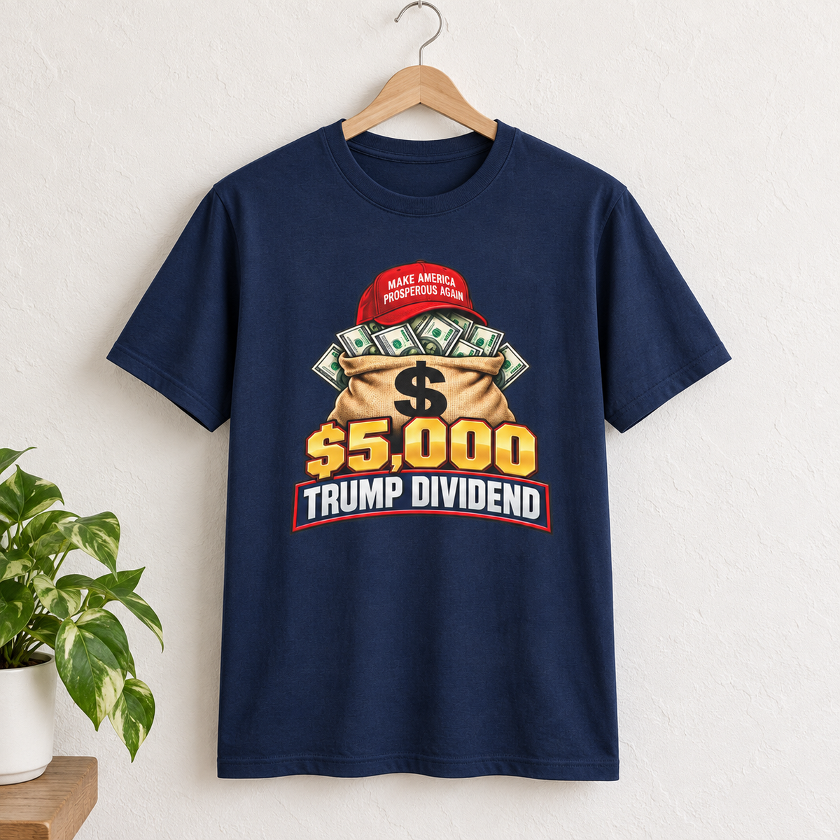 Trump Dividend money bag shirt in Navy Blue, shirt-only product mockup