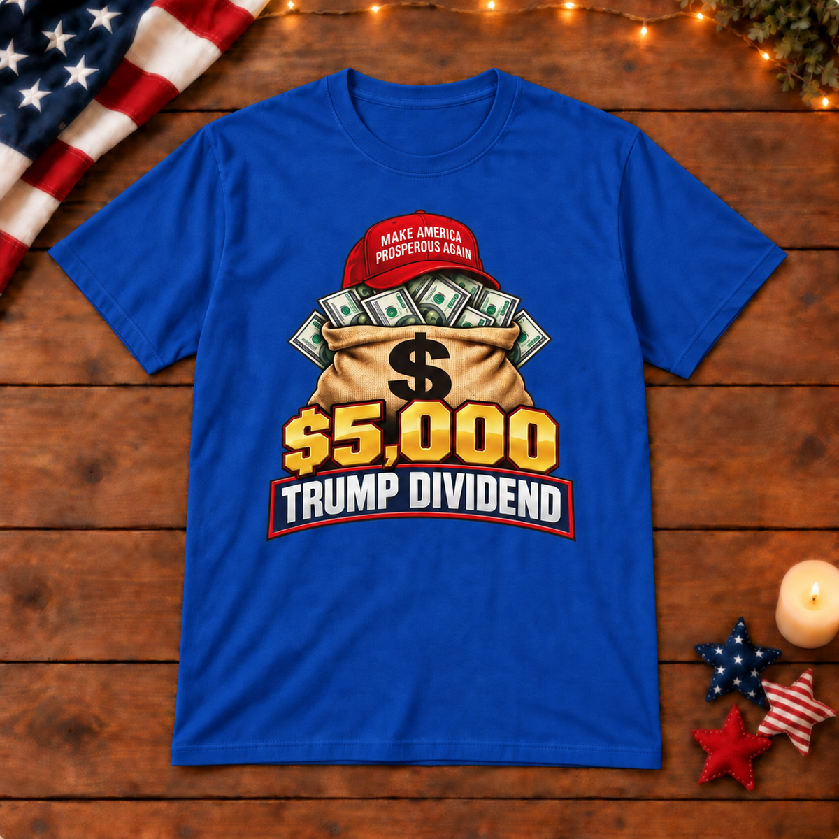 Trump Dividend money bag shirt in Royal Blue, patriotic wooden background