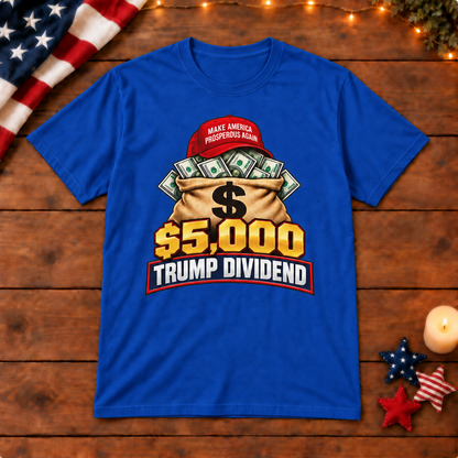 Trump Dividend money bag shirt in Royal Blue, patriotic wooden background
