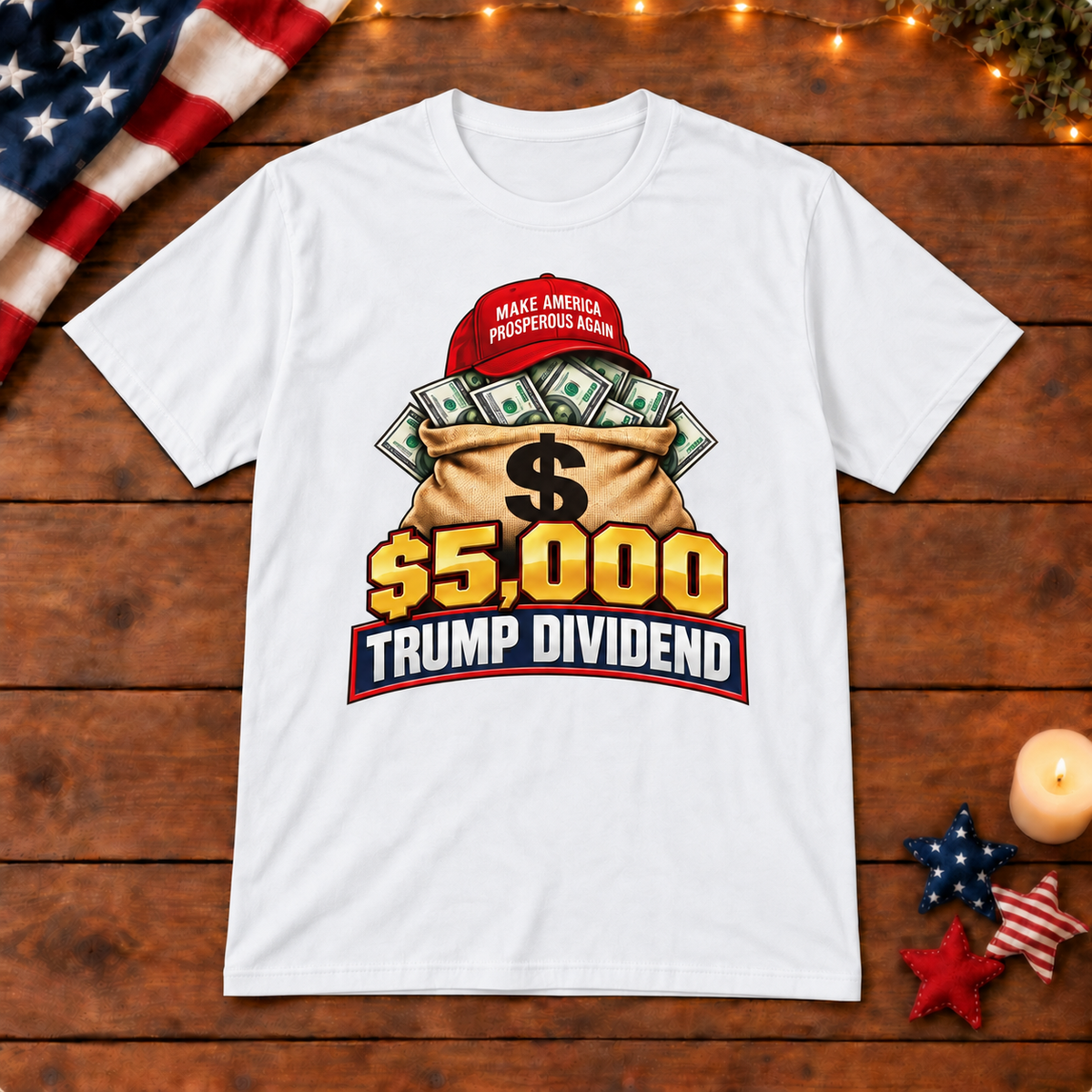 Trump Dividend money bag shirt in White, patriotic wooden background