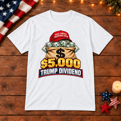 Trump Dividend money bag shirt in White, patriotic wooden background