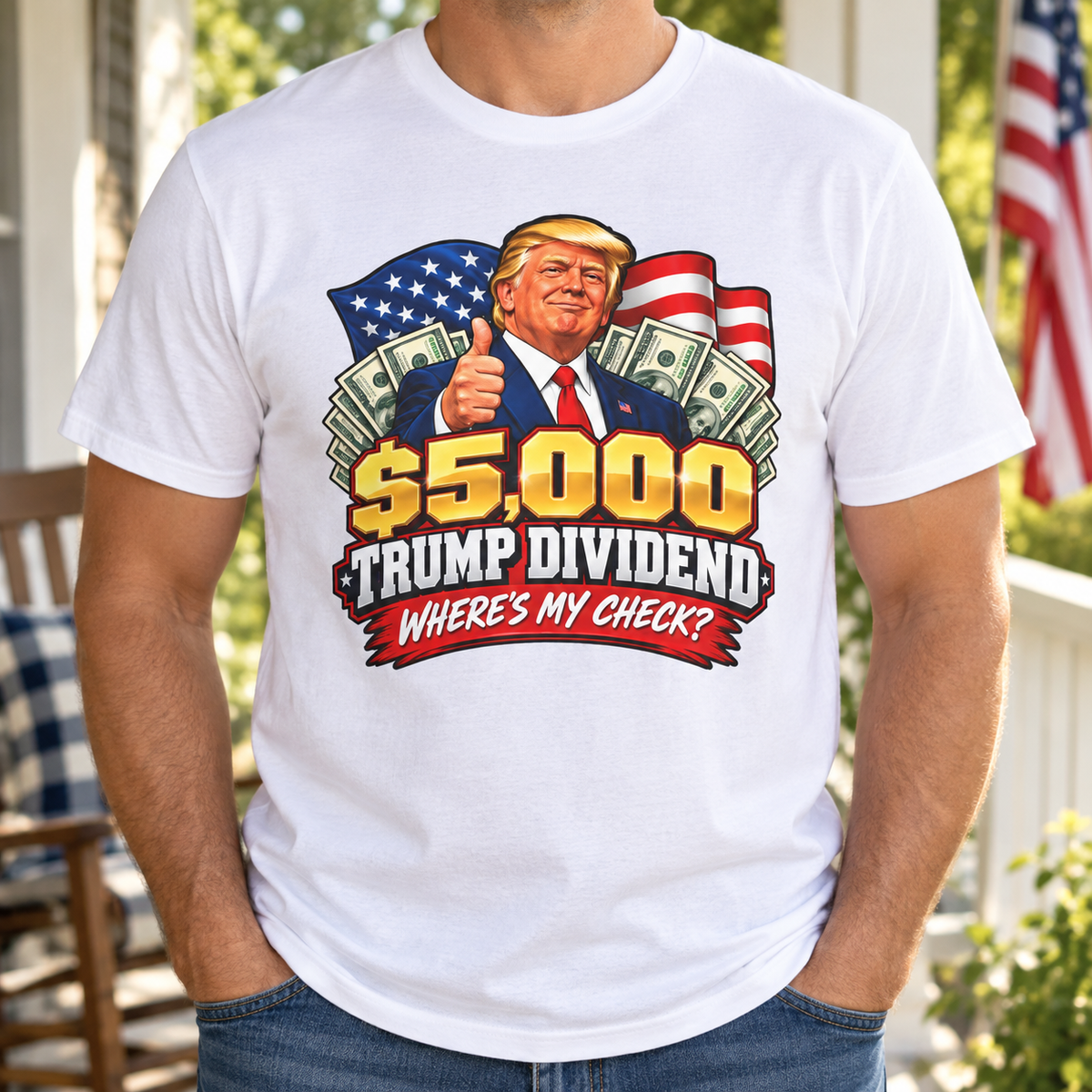 Where’s My Check Trump Dividend shirt in White, chest close-up