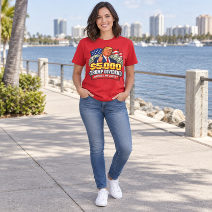Where’s My Check Trump Dividend shirt in Red, full-body lifestyle mockup