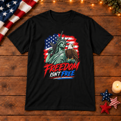 freedom isnt free shirt in black on patriotic wooden background