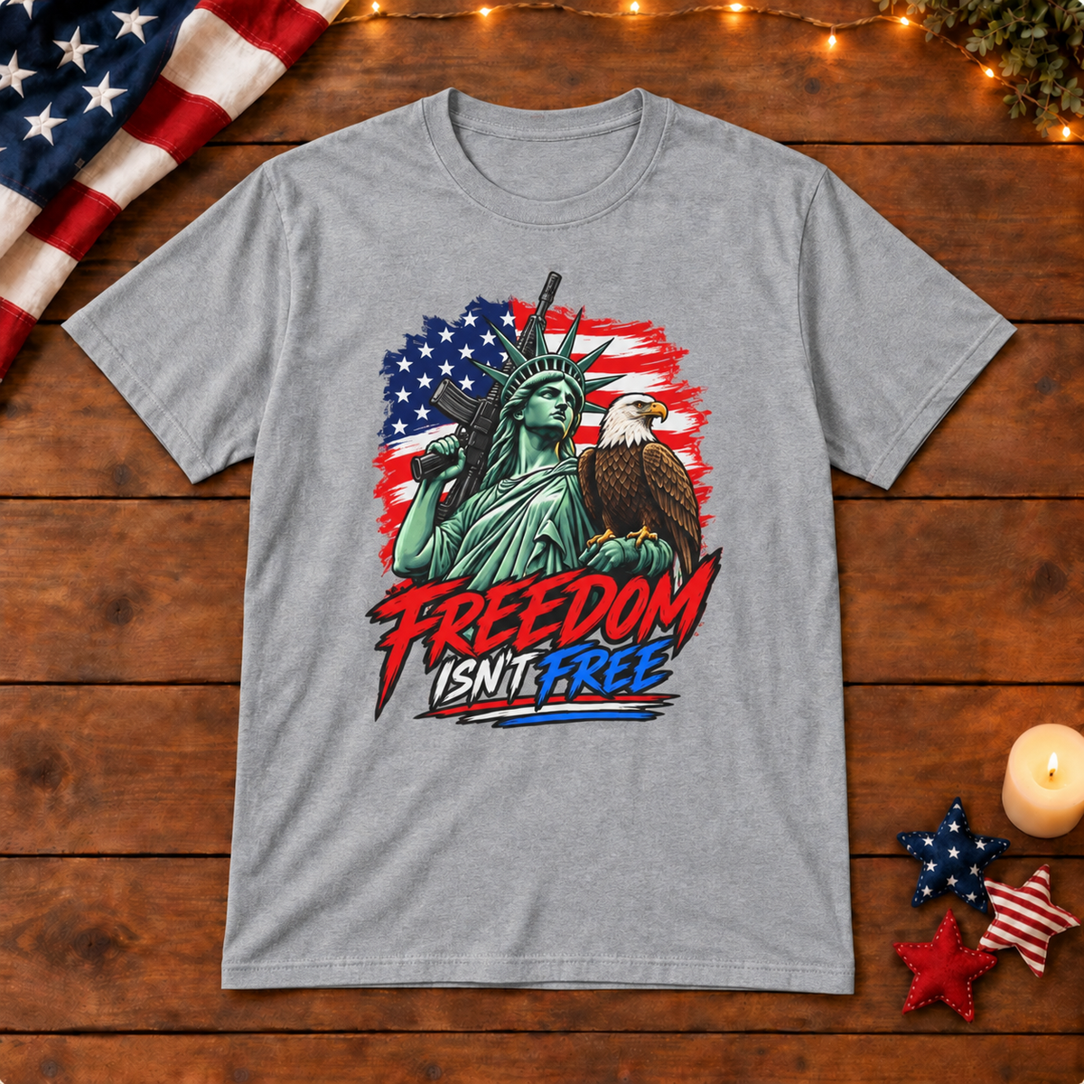 freedom isnt free shirt in gray on patriotic wooden background
