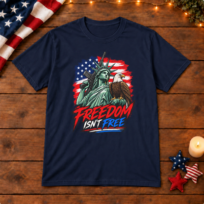 freedom isnt free shirt in navy-blue on patriotic wooden background
