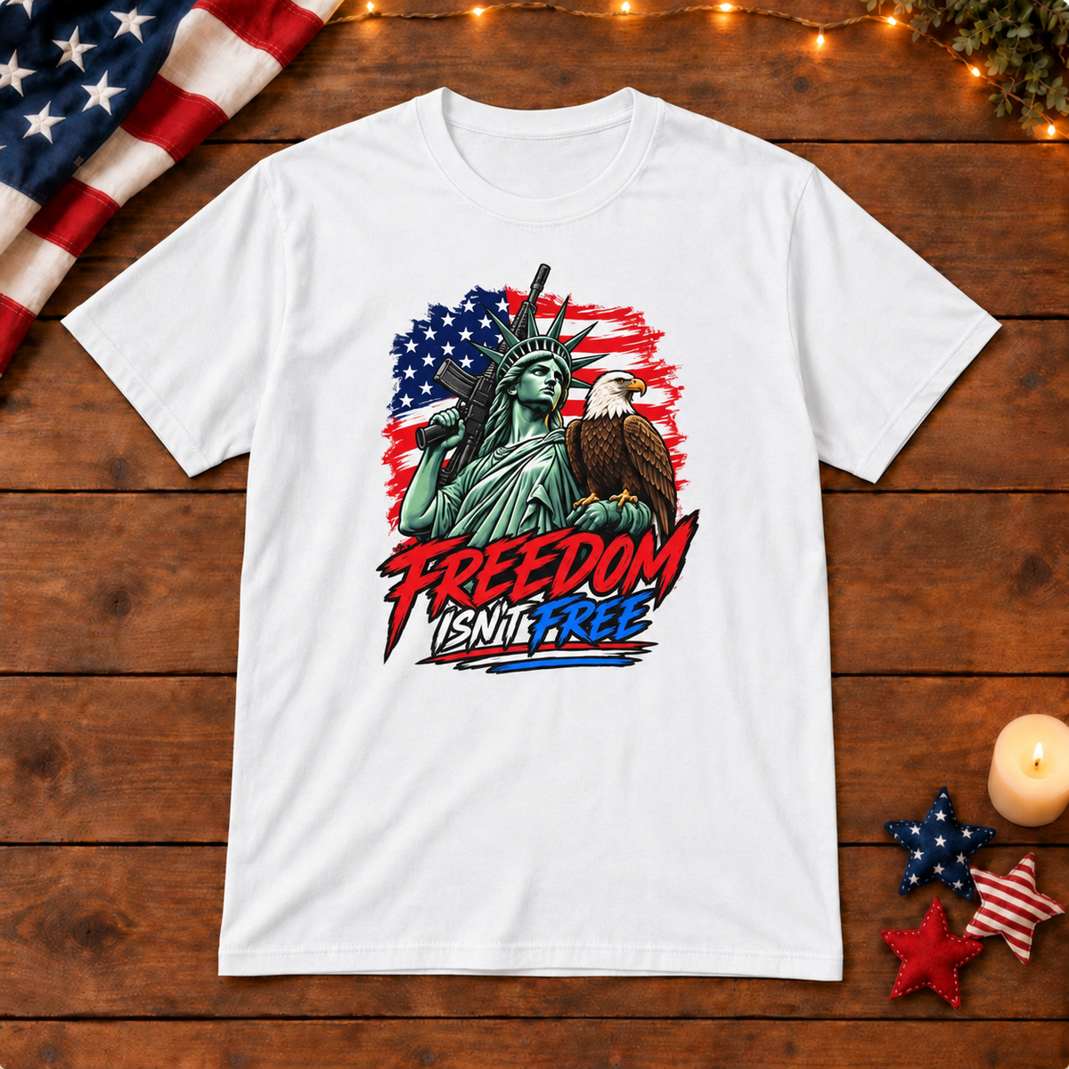 freedom isnt free shirt in white on patriotic wooden background