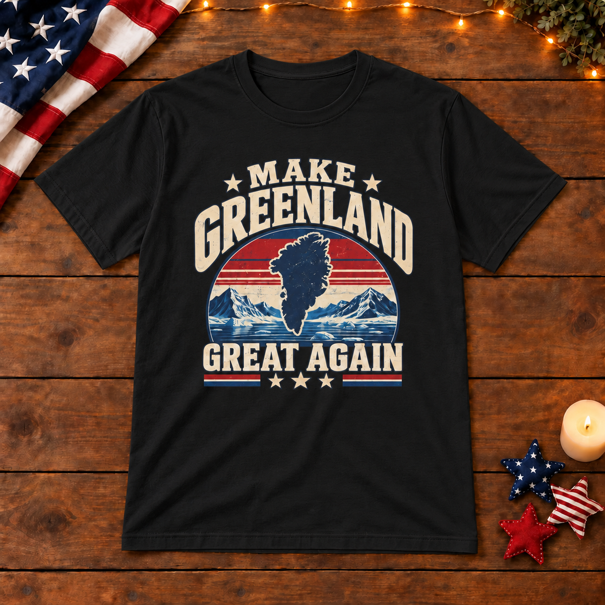 Make Greenland Great Again vintage Arctic map shirt in Black on patriotic wooden background