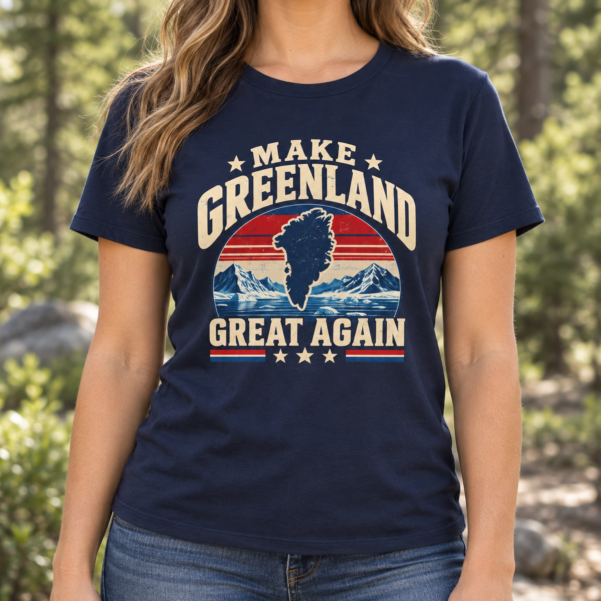 Make Greenland Great Again vintage Arctic map shirt in Navy Blue, chest close-up