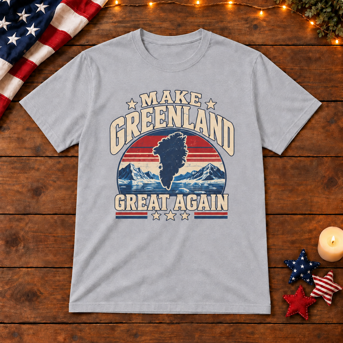 Make Greenland Great Again vintage Arctic map shirt in Gray on patriotic wooden background