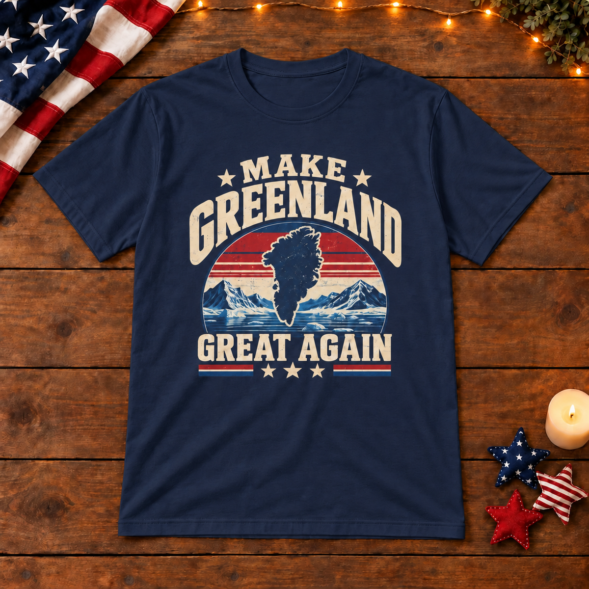 Make Greenland Great Again vintage Arctic map shirt in Navy Blue on patriotic wooden background