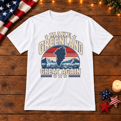 Make Greenland Great Again vintage Arctic map shirt in White on patriotic wooden background