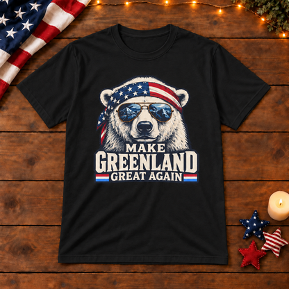 Make Greenland Great Again polar bear shirt in Black on patriotic wooden background