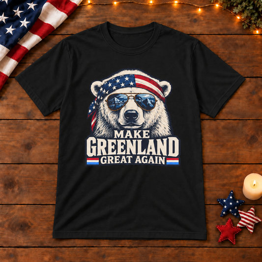 Make Greenland Great Again polar bear shirt in Black on patriotic wooden background