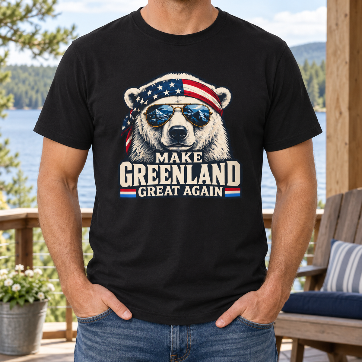 Make Greenland Great Again polar bear shirt in Black, chest close-up