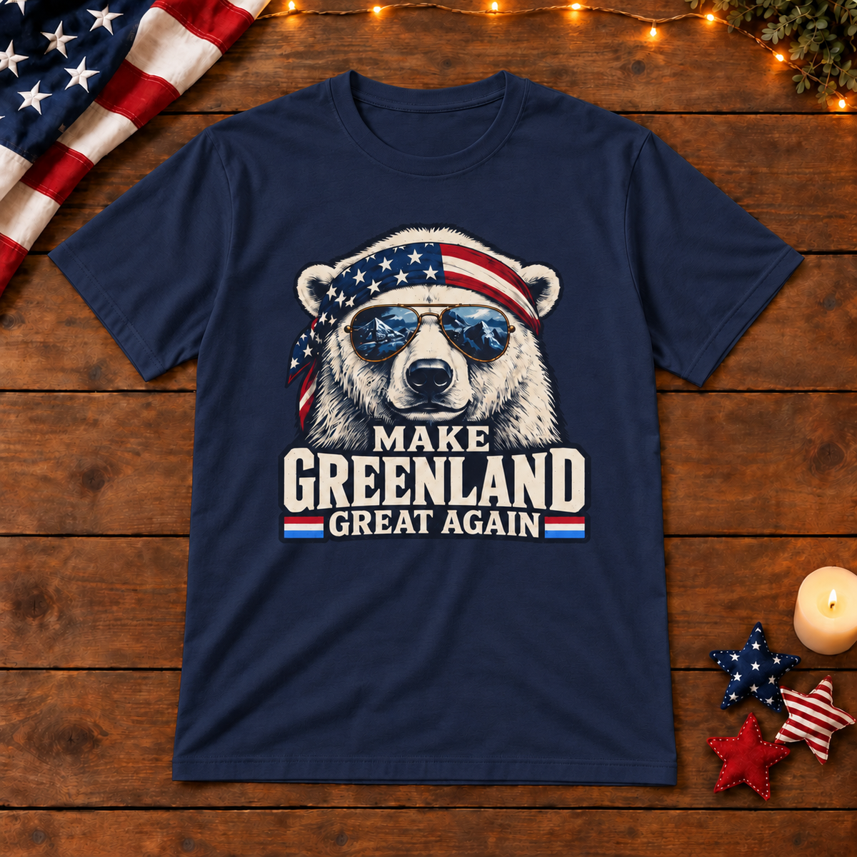 Make Greenland Great Again polar bear shirt in Navy Blue on patriotic wooden background