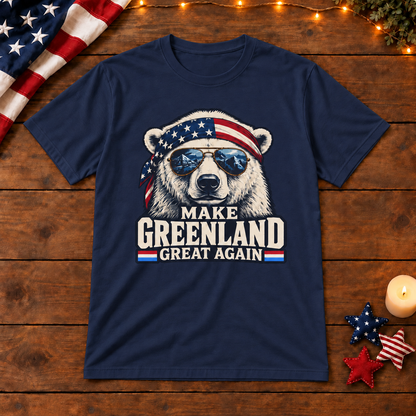 Make Greenland Great Again polar bear shirt in Navy Blue on patriotic wooden background