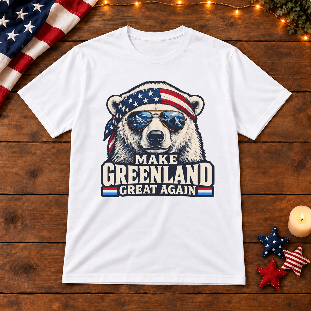 Make Greenland Great Again polar bear shirt in White on patriotic wooden background