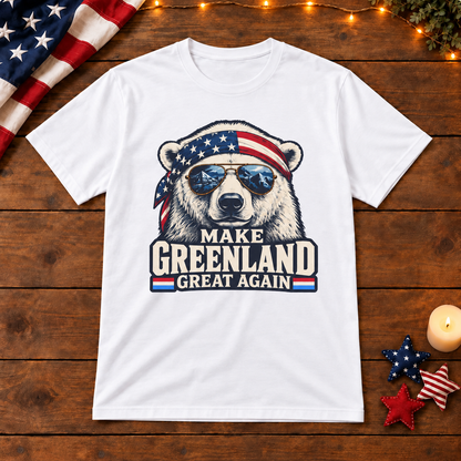 Make Greenland Great Again polar bear shirt in White on patriotic wooden background