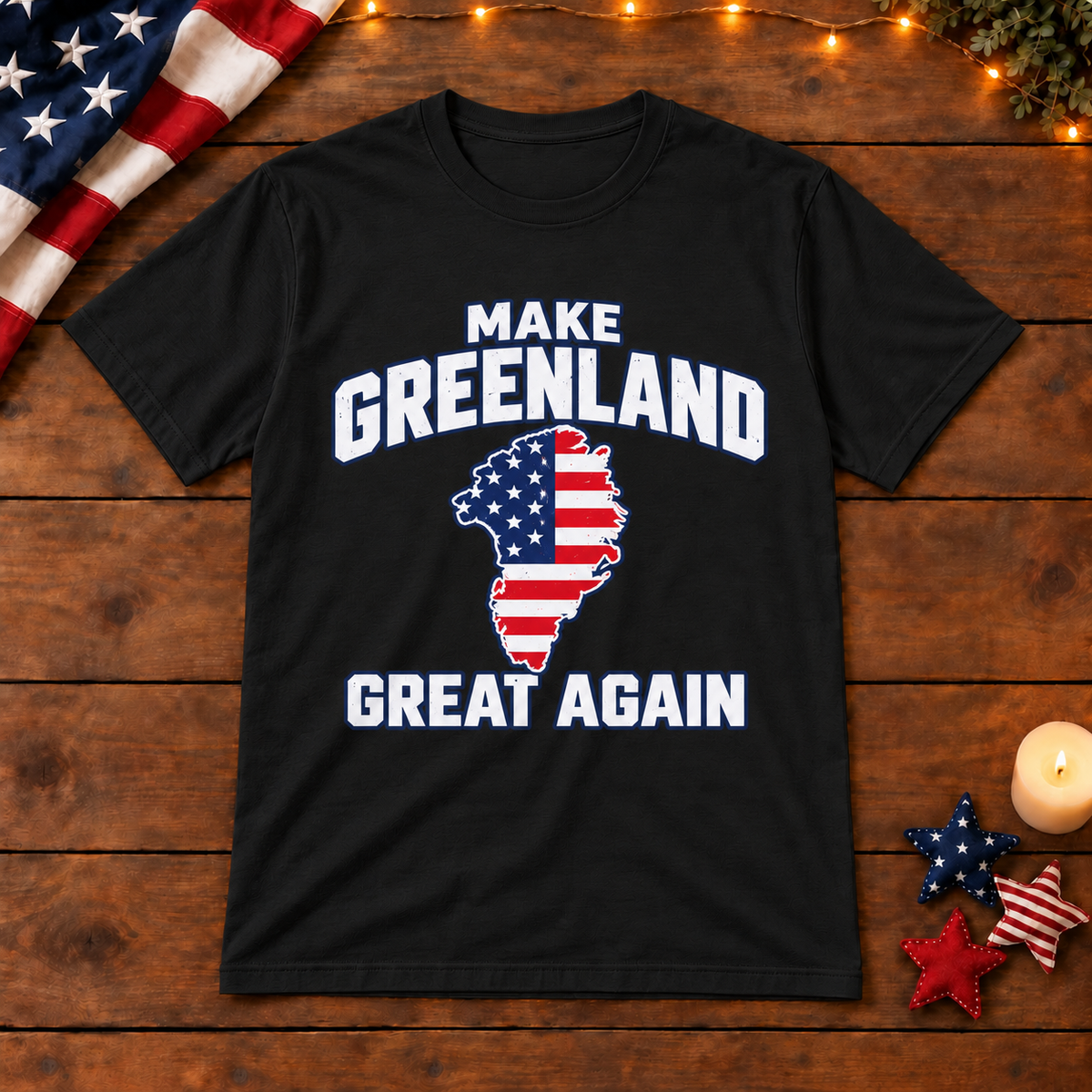 Make Greenland Great Again American flag map shirt in Black on patriotic wooden background