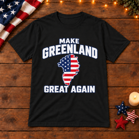Make Greenland Great Again American flag map shirt in Black on patriotic wooden background