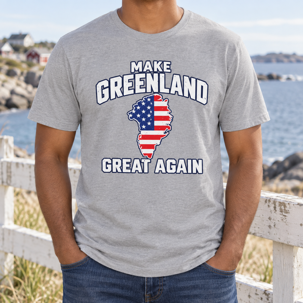 Make Greenland Great Again American flag map shirt in Gray, chest close-up