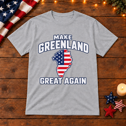 Make Greenland Great Again American flag map shirt in Gray on patriotic wooden background