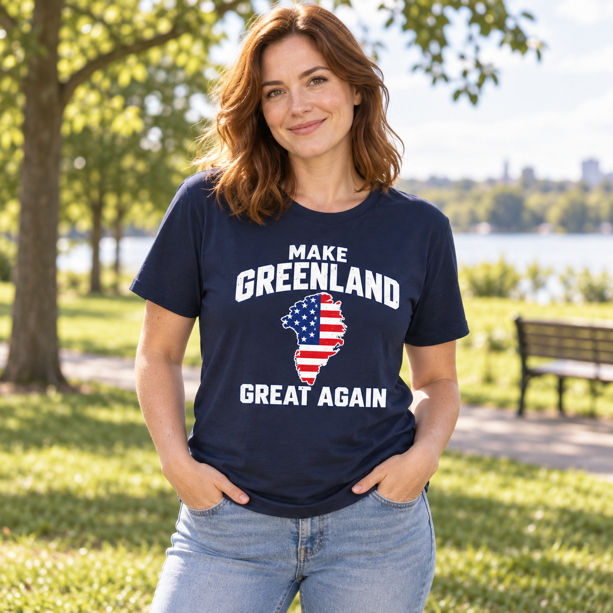Make Greenland Great Again American flag map shirt in Navy Blue, lifestyle view
